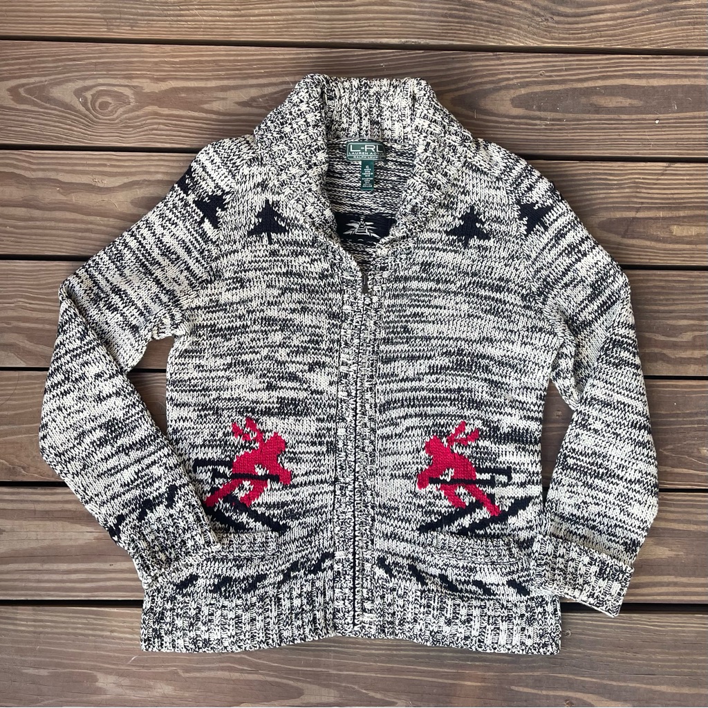Ralph Lauren Black & White Marled Zip Sweater With Red Ski Motif